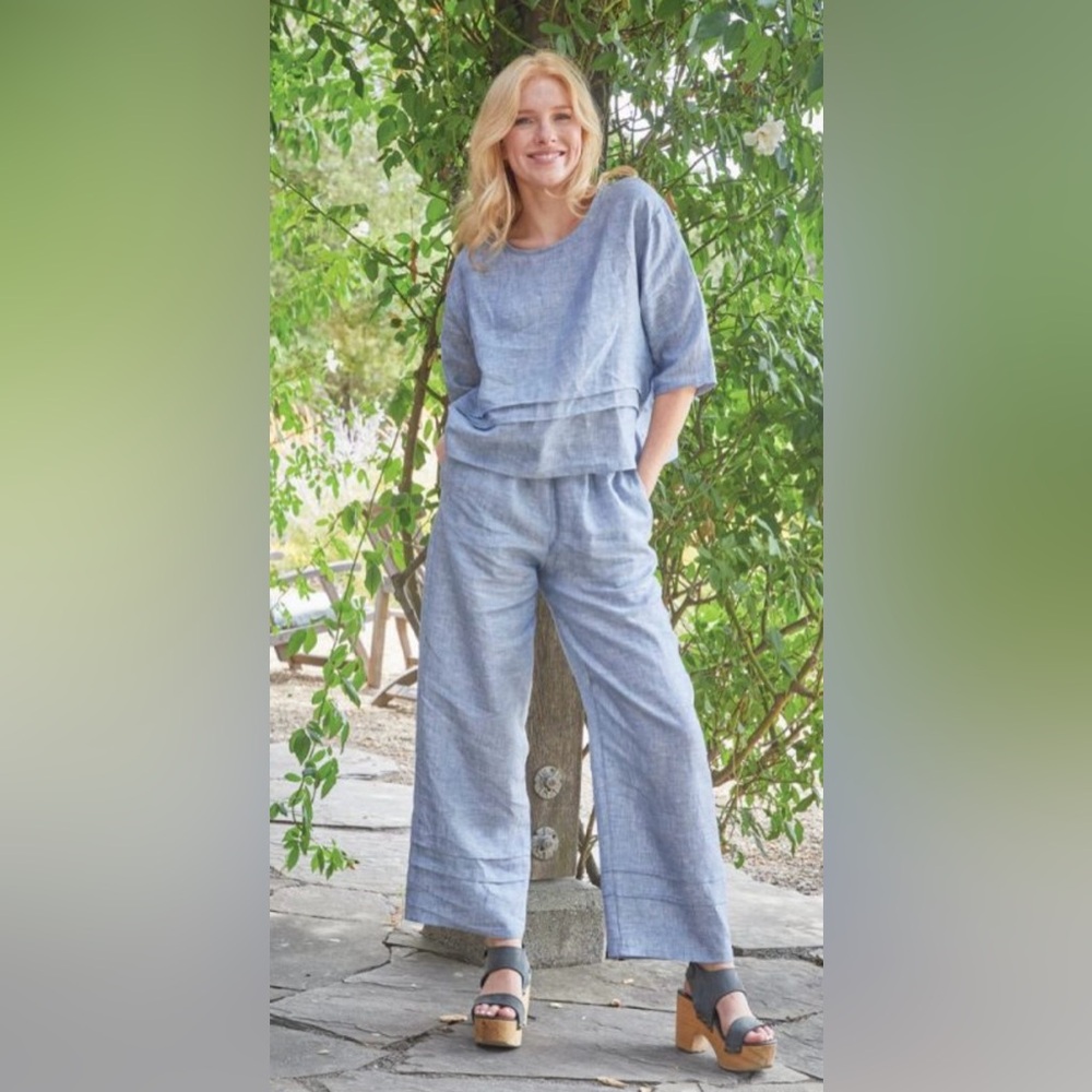 Bryn Walker Green Pintuck Shirt Cross-dyed Linen Boxy Lagenlook Minimalist Boho‎
